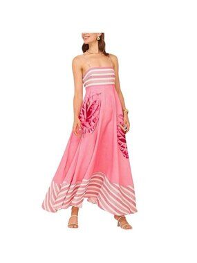 Pink Striped Floral Maxi Dress with Spaghetti Straps & Asymmetrical Hem - Small